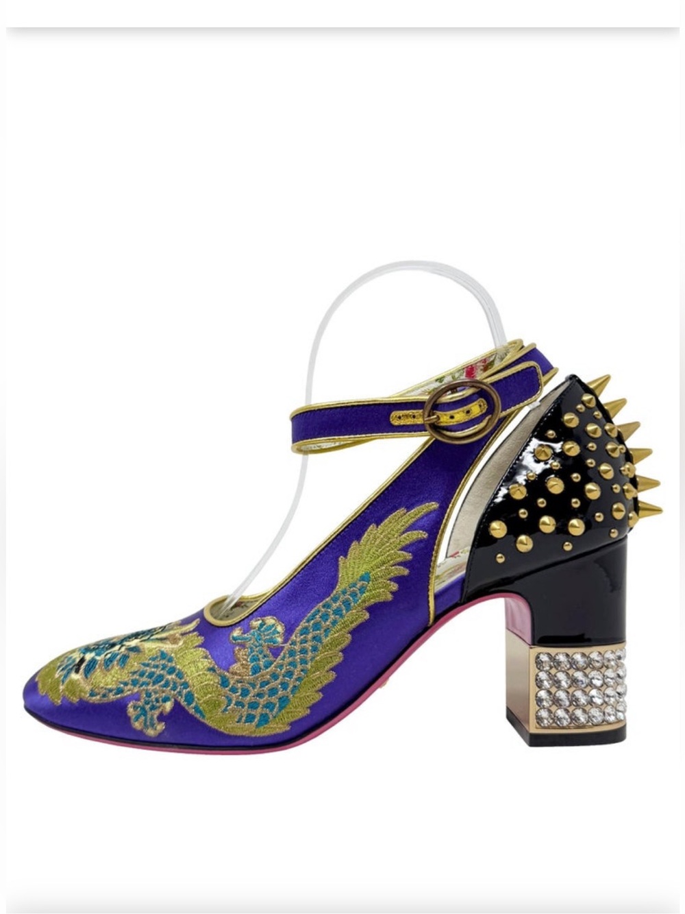 Alessandro Michel Gucci Purple Satin Dragon Embroidered Mary Jane w Gold Studs